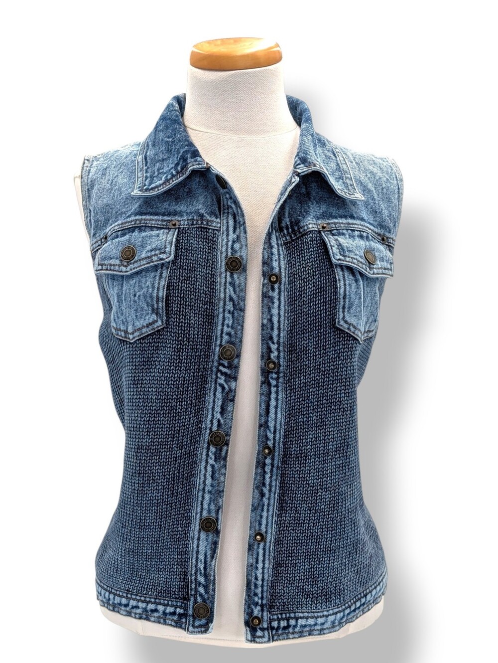 PBJ Blues Sz M Denim Knit Combo Vest Chambray Sweater Sleeveless Jacket - Picture 2 of 16